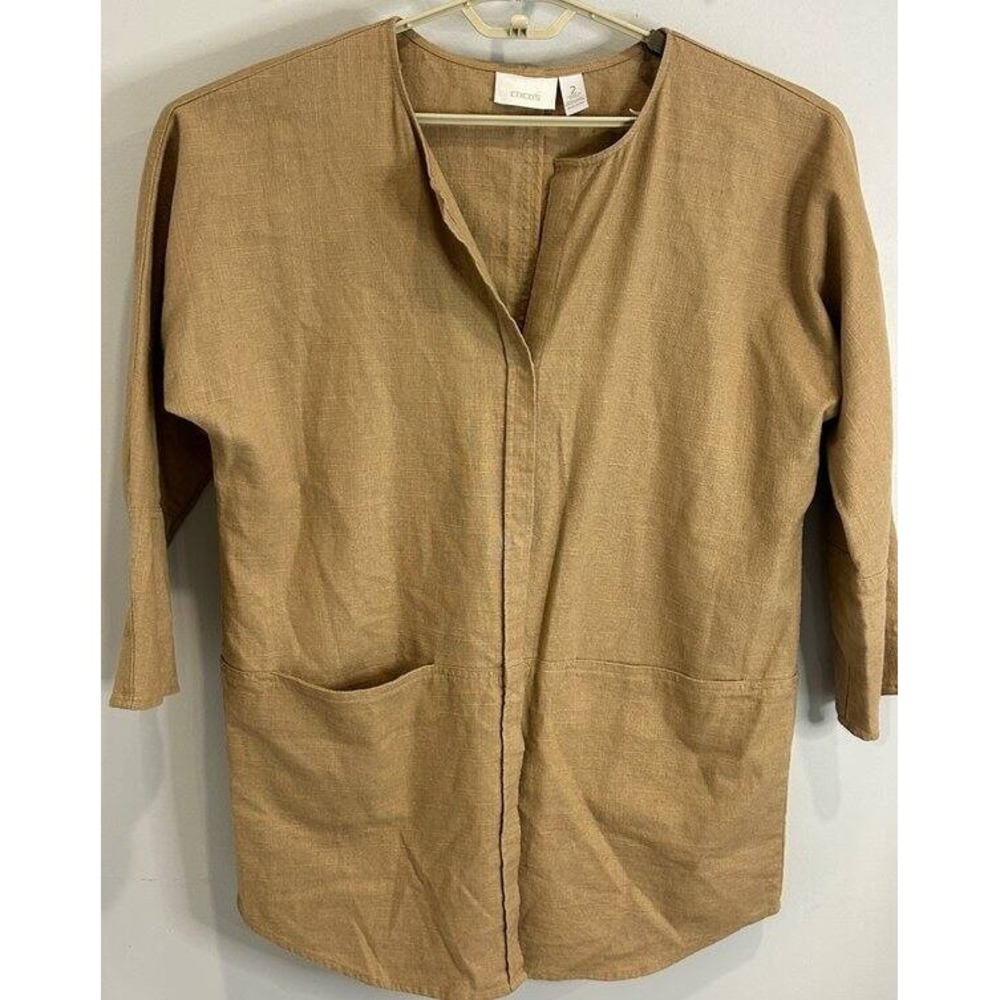 Chicos Linen Blend Lagenlook Tan Snap Closure Duster Textured Jacket Pockets 2 L